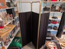 (BR2) BRASS TONED METAL & BROWN CLOTH TRI-FOLD CHANGING SCREEN/DIVIDER.